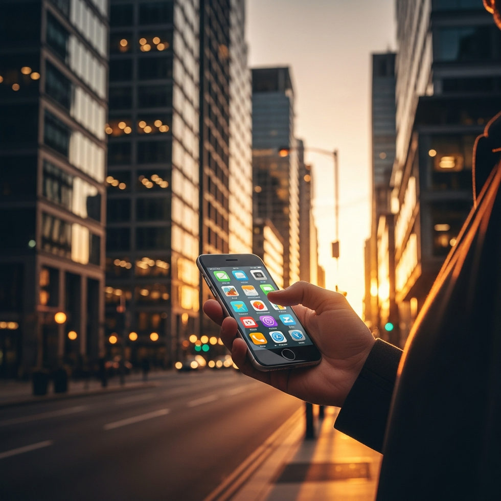 a person using a smartphone with travel apps open, navigating through a vibrant cityscape at sunset, symbolizing the role of technology in travel