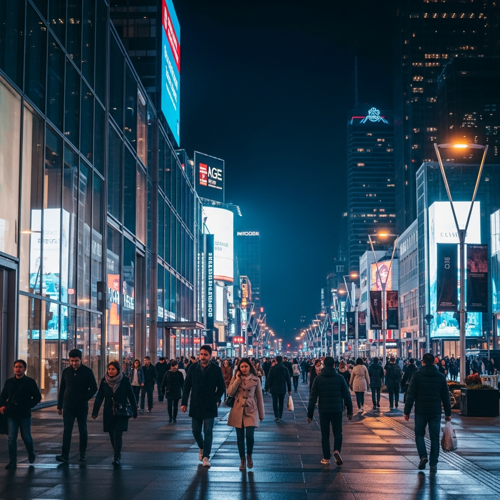 iconic city landmarks Night view of Times Square with bright billboards and bustling crowd