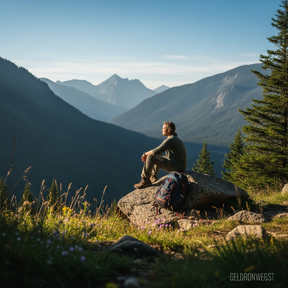 a tranquil scene of a solo traveler relaxing on a scenic overlook with mountains and forests in the background, highlighting outdoor adventure for independent explorers