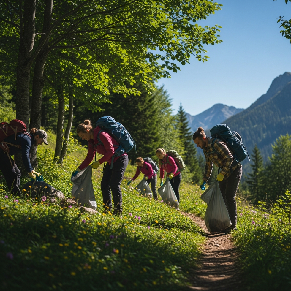 adventurers cleaning up a trail after a hiking expedition in a pristine wilderness area