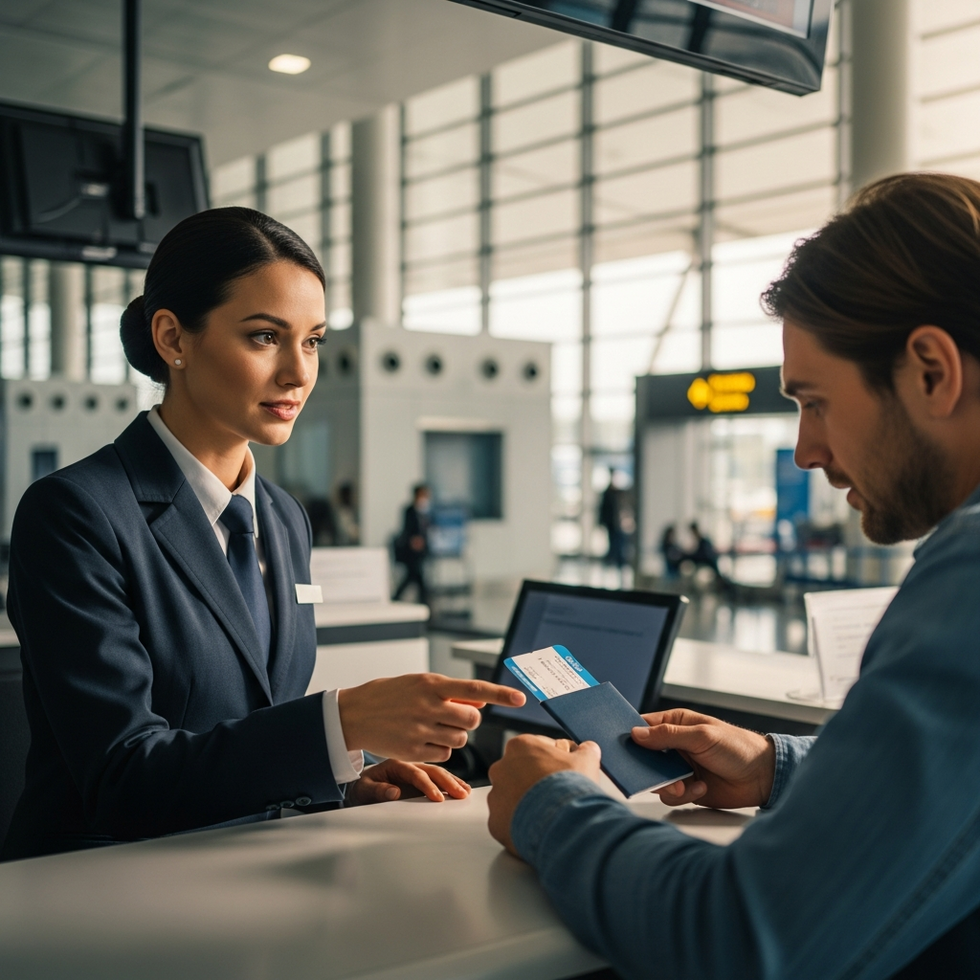 customer support A customer service representative assisting a distressed traveler at an airport counter