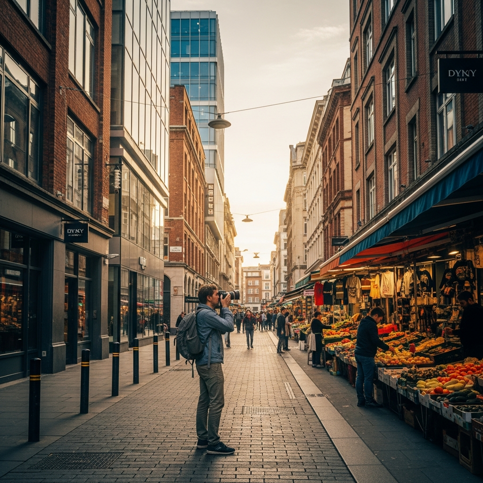 a solo traveler exploring a vibrant city street surrounded by local culture and modern architecture, capturing the essence of urban exploration