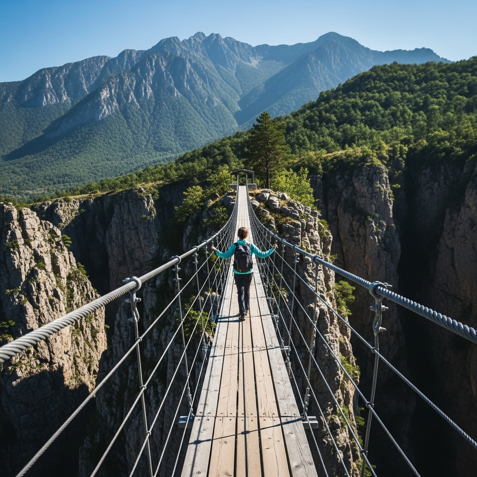 a person crossing a suspension bridge over a canyon with a scenic mountain backdrop