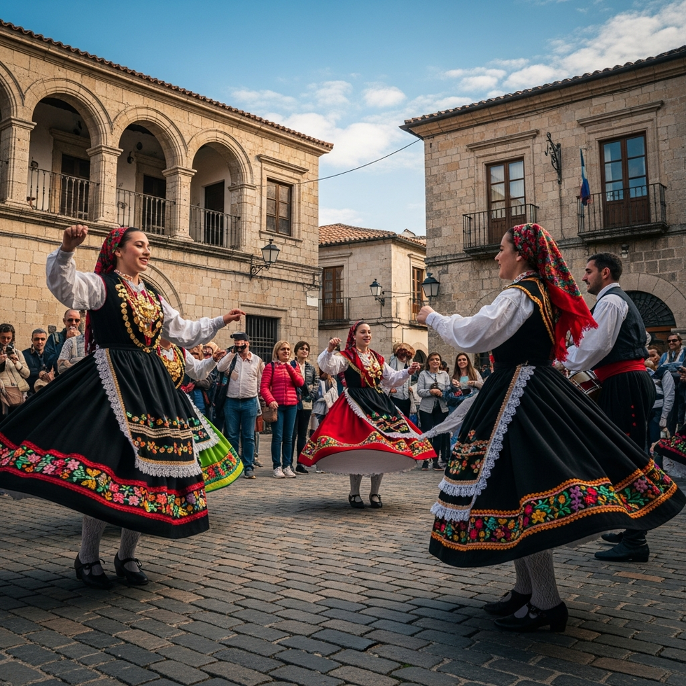 cultural festivals A vibrant festival scene with traditional dancers and colorful costumes in a historic town square
