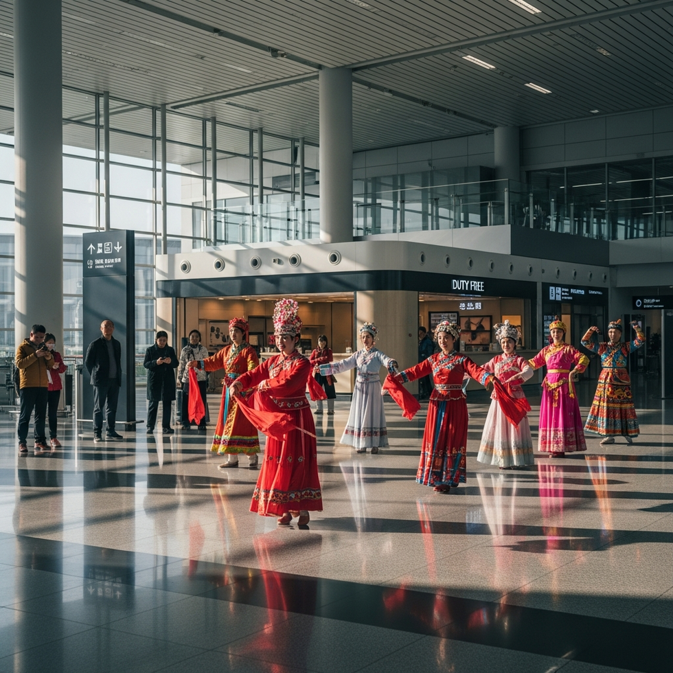 Performers dancing at Guangzhou Baiyun International Airport during Spring Festival celebrations