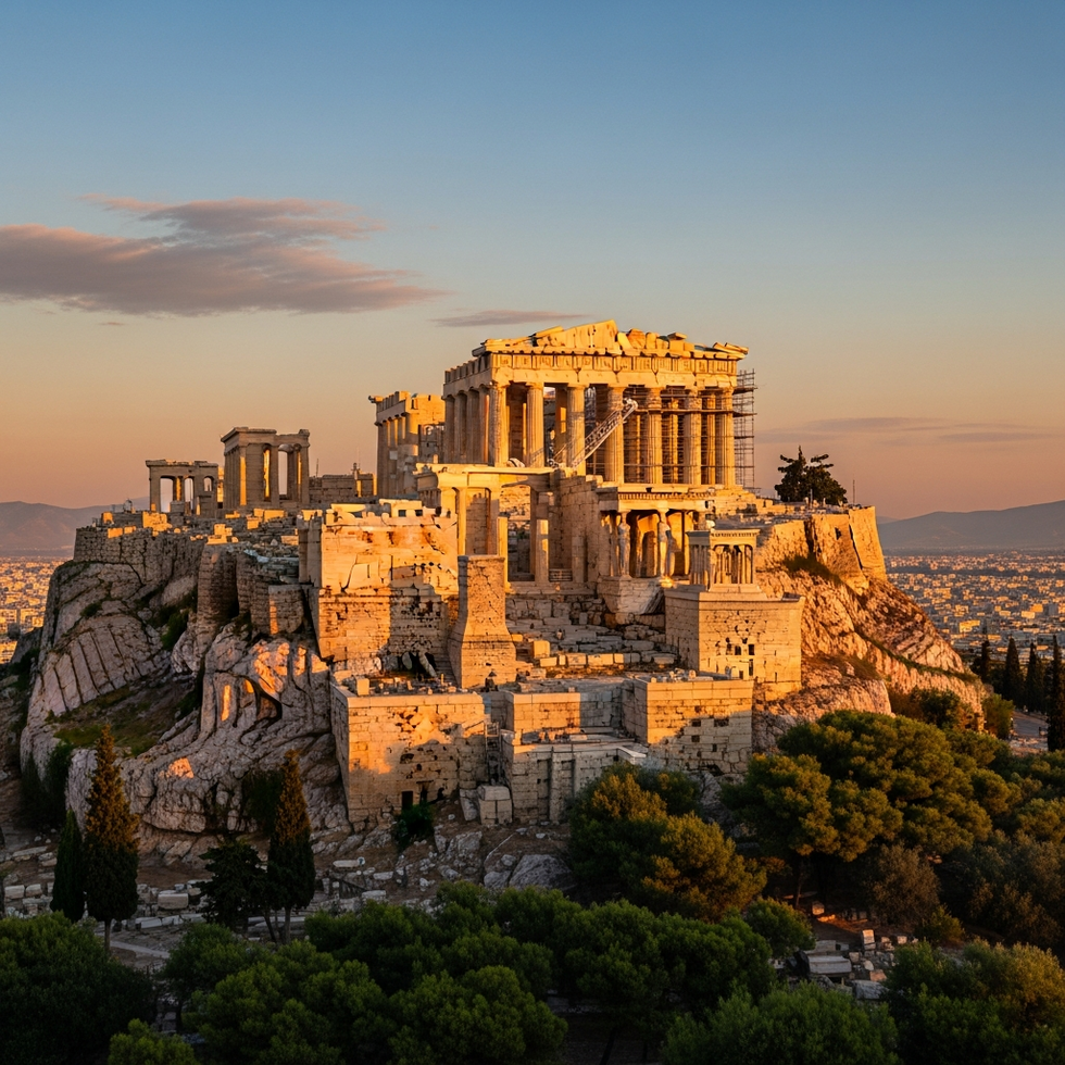 a panoramic view of the ancient Acropolis hill with the Parthenon at sunset
