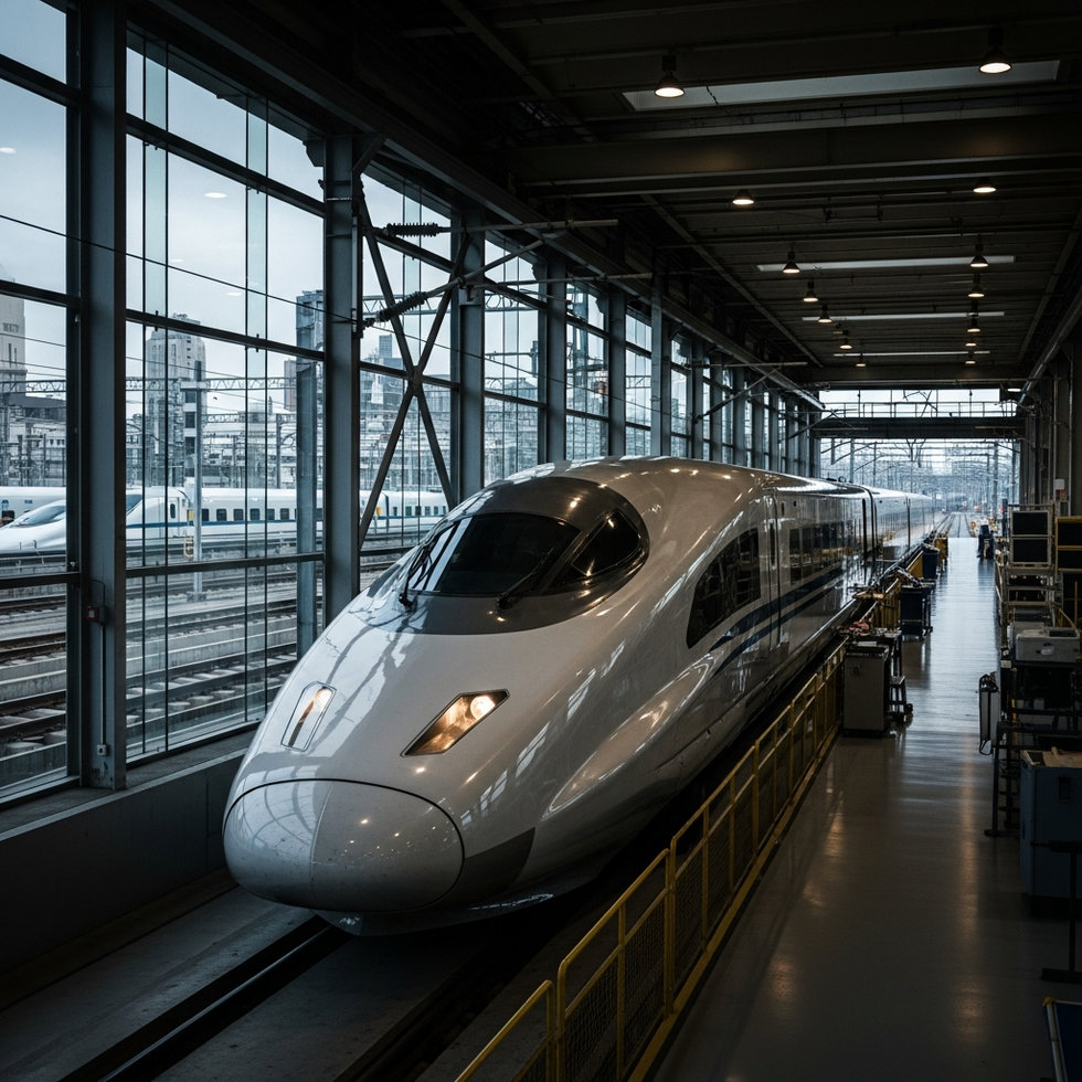 High-speed train inspecting depot in Wuhan, China, showing modern transportation infrastructure