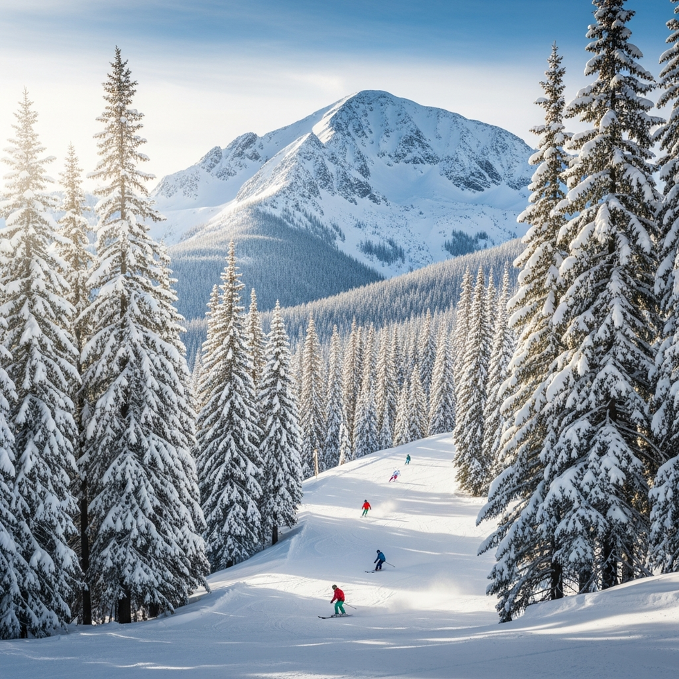 A picturesque scene of Flagstaff's pine forests with a snow-capped mountain in the background and skiers on the slope