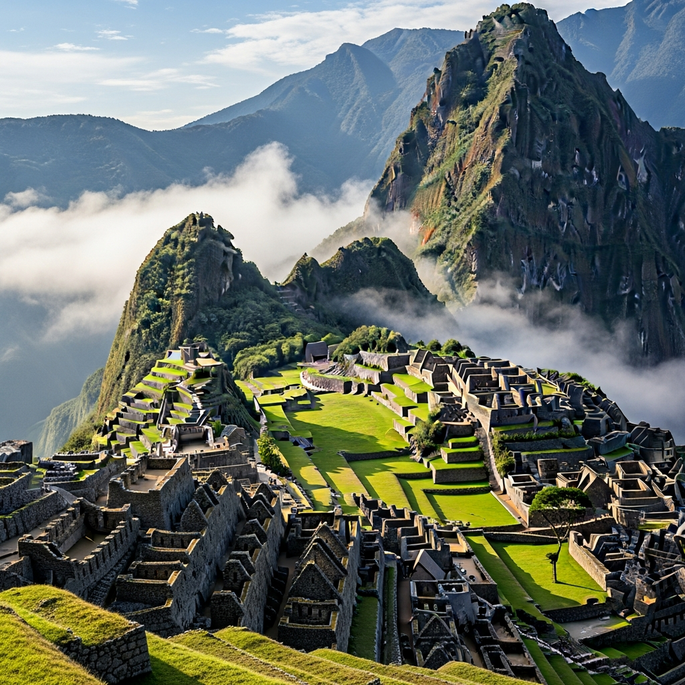 an aerial shot of Machu Picchu shrouded in morning mist