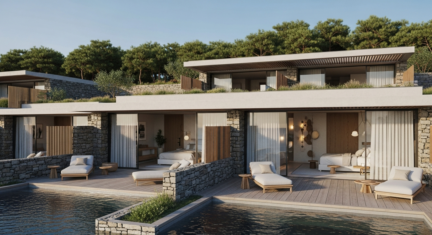 A modern boutique hotel set in a lush landscape overlooking calm waters, with private terraces and minimalist decor emphasizing natural materials, in a secluded bay on a Mediterranean-like coast.