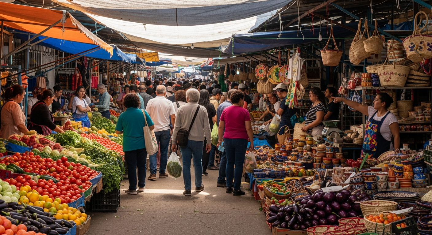 A bustling local marketplace in a small city, with families shopping for fresh produce, handmade crafts, and local delicacies, under colorful awnings and lively activity.