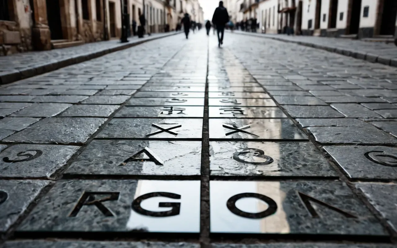 glass walkways Side A modern pedestrian walking on transparent glass panels set into a paved street, revealing ancient stone ruins and foundations directly beneath the feet, with blurred modern shops in the background, daylight.