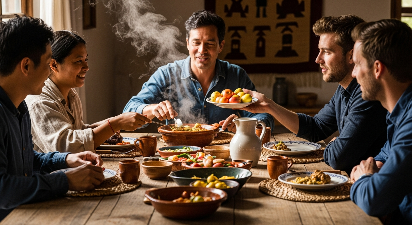 An intimate scene of a local family welcoming tourists into their home for a shared meal, highlighting authentic cultural exchange and community-based tourism.