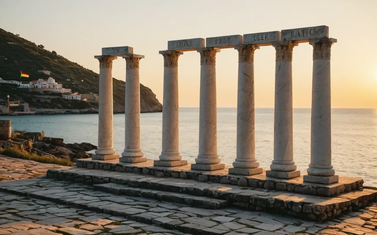 Temple of Apollo Six white stone columns standing on a raised platform near a calm sea, with warm golden sunset light illuminating the stones and reflecting on the water, clear blue sky.